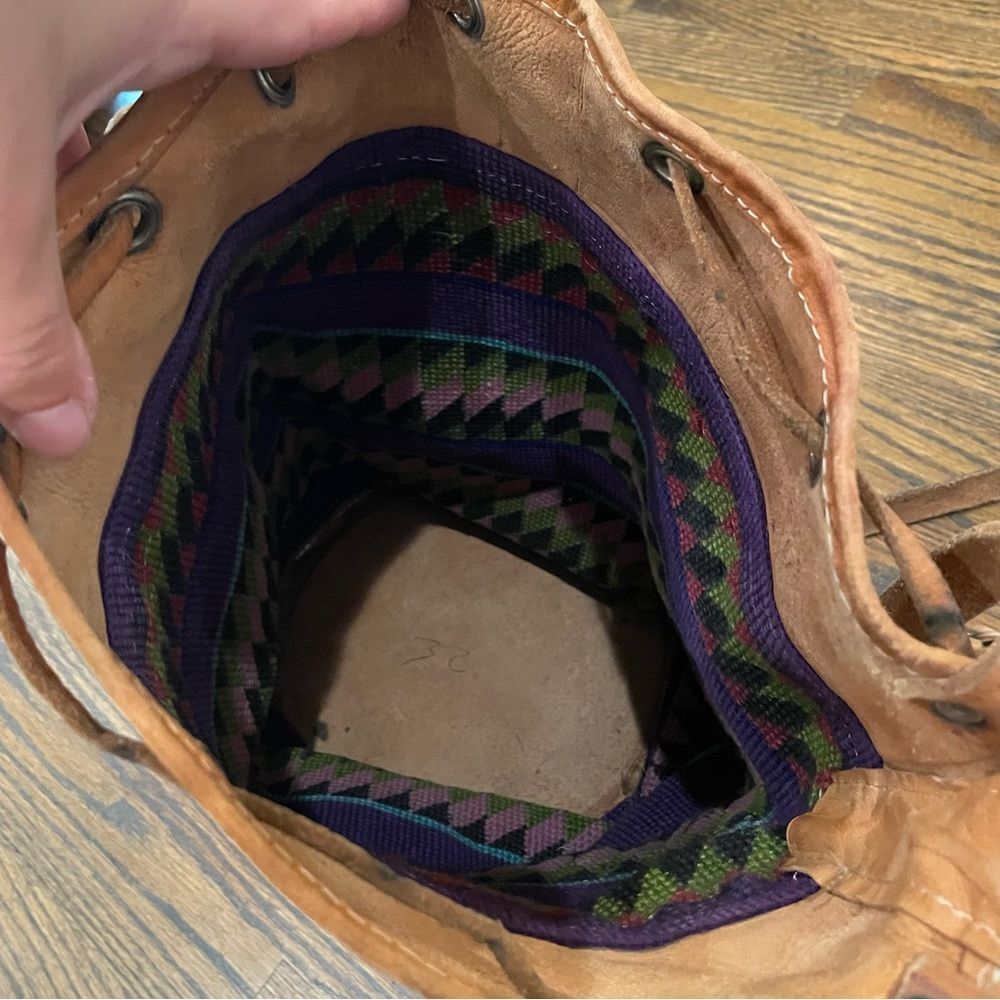 VINTAGE Aztec Tapestry & Tan Leather Drawstring Backpack - Picture 10 of 10